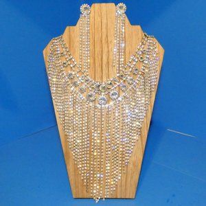 Vintage Stunning Rhinestone Necklace & Earrings Set Bib Tassel Statement Piece